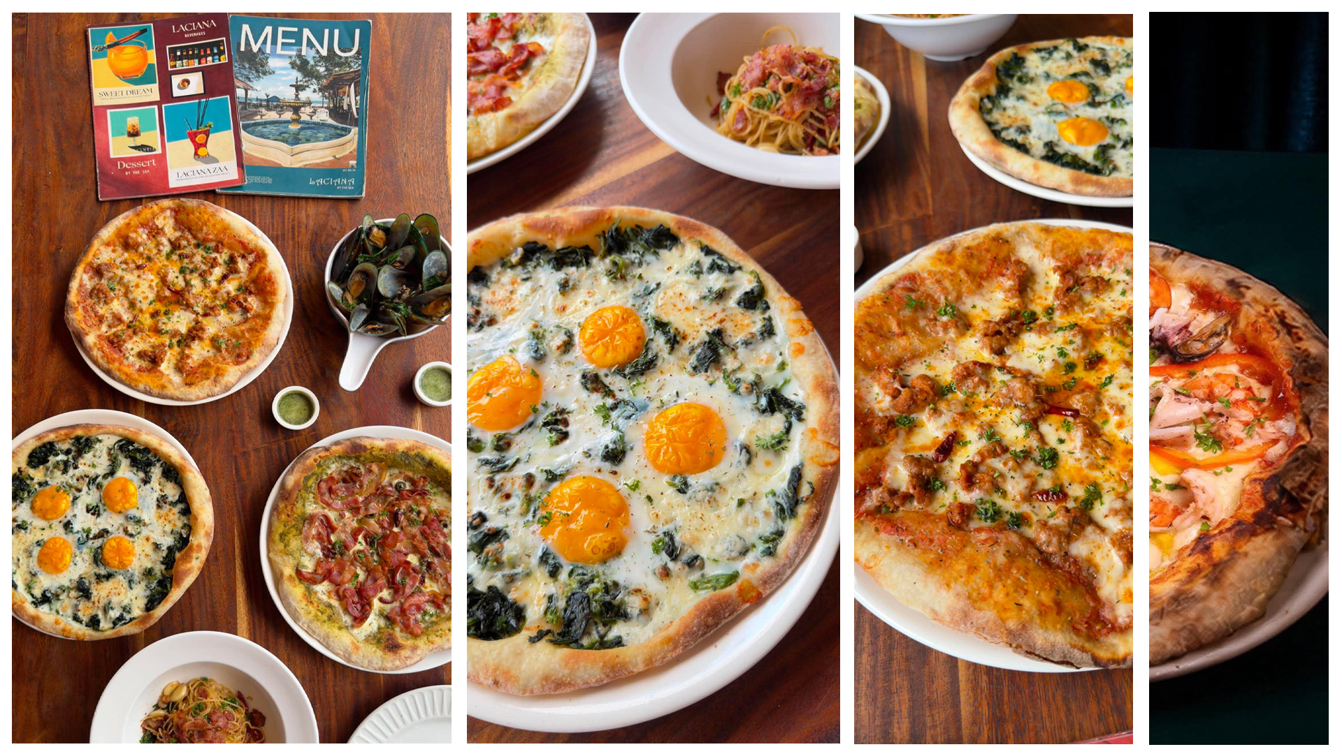Artisan wood-fired pizzas at Laciana By The Sea including egg and spinach pizza, best pizza beachfront restaurant Hua Hin