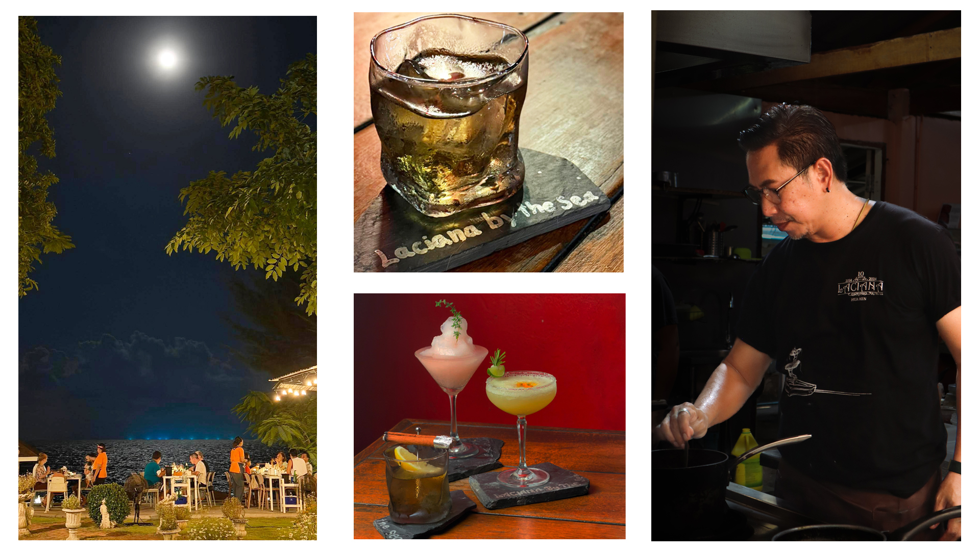 Evening beachfront dining under the moon at Laciana By The Sea, signature cocktails and Chef cooking in open kitchen, Hua Hin